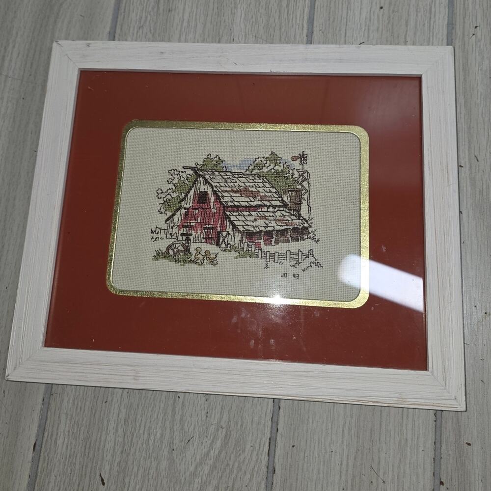 Vtg 1993 Framed Needlepoint Barn Farm Scene Ducks Windmill Well Wall Art 8x10